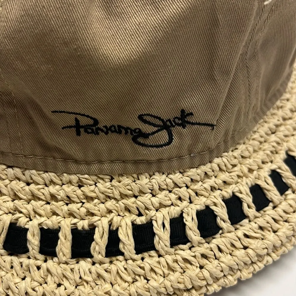 Panama Jack Tan and Cream Protective Bucket Hat with Raffia Ribbon Rim OSFM - Image 6