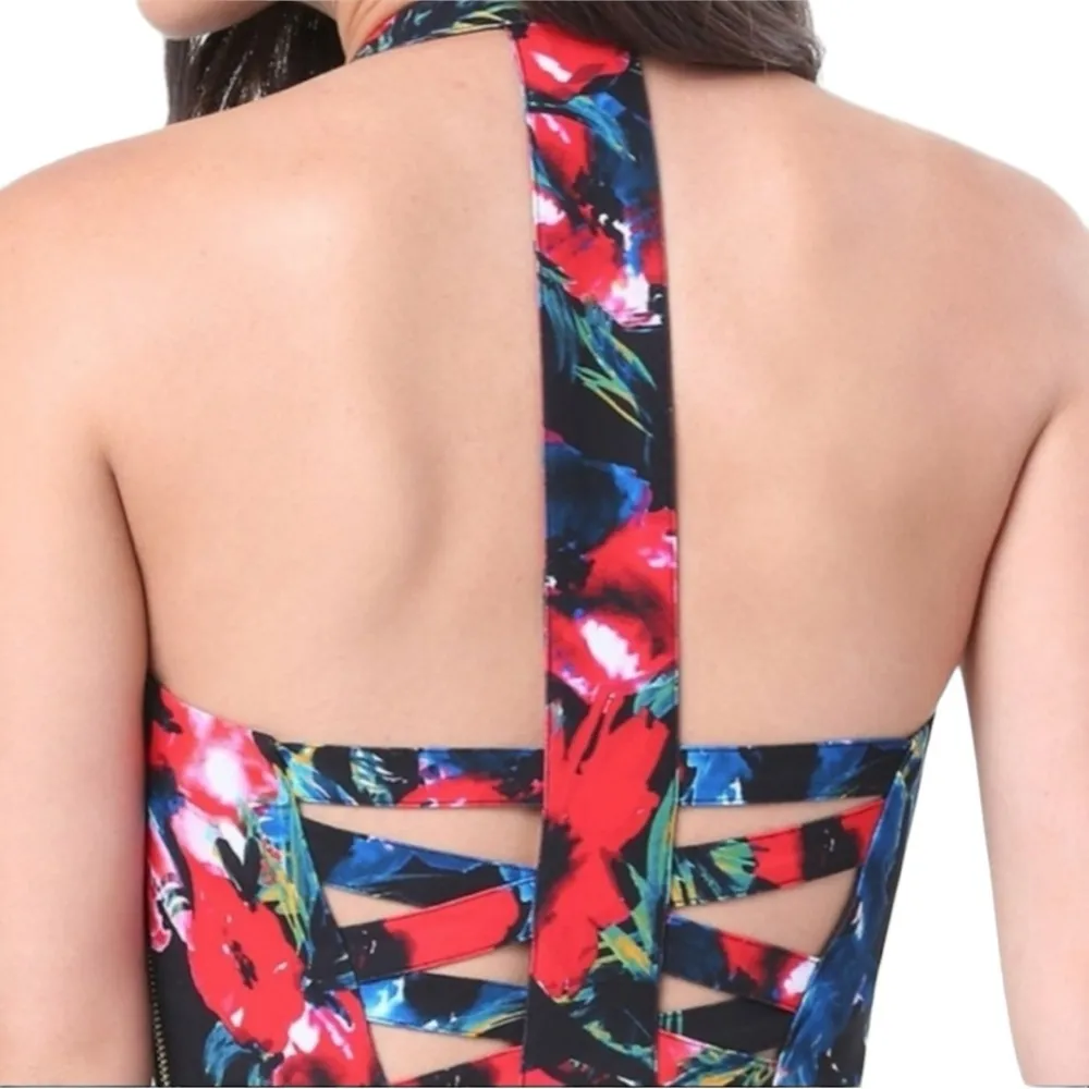 BEBE X NAVEN Floral Print Halter Sweetheart Plunge Neckline Mini Dress size 4 - Image 4