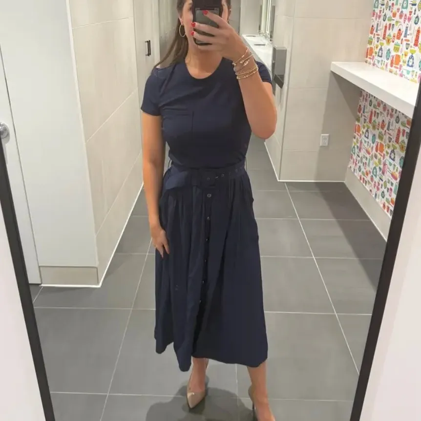 Ramy Brook Blue Pleated Midi Dress LARGE Business Casual Designer Preppy $400 - Image 4