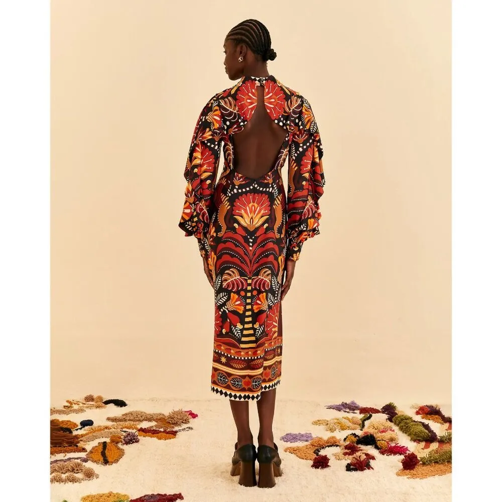 💕FARM RIO💕 Nature Beauty Red Scarf Backless Midi Dress ~ Large L NWT - Image 4