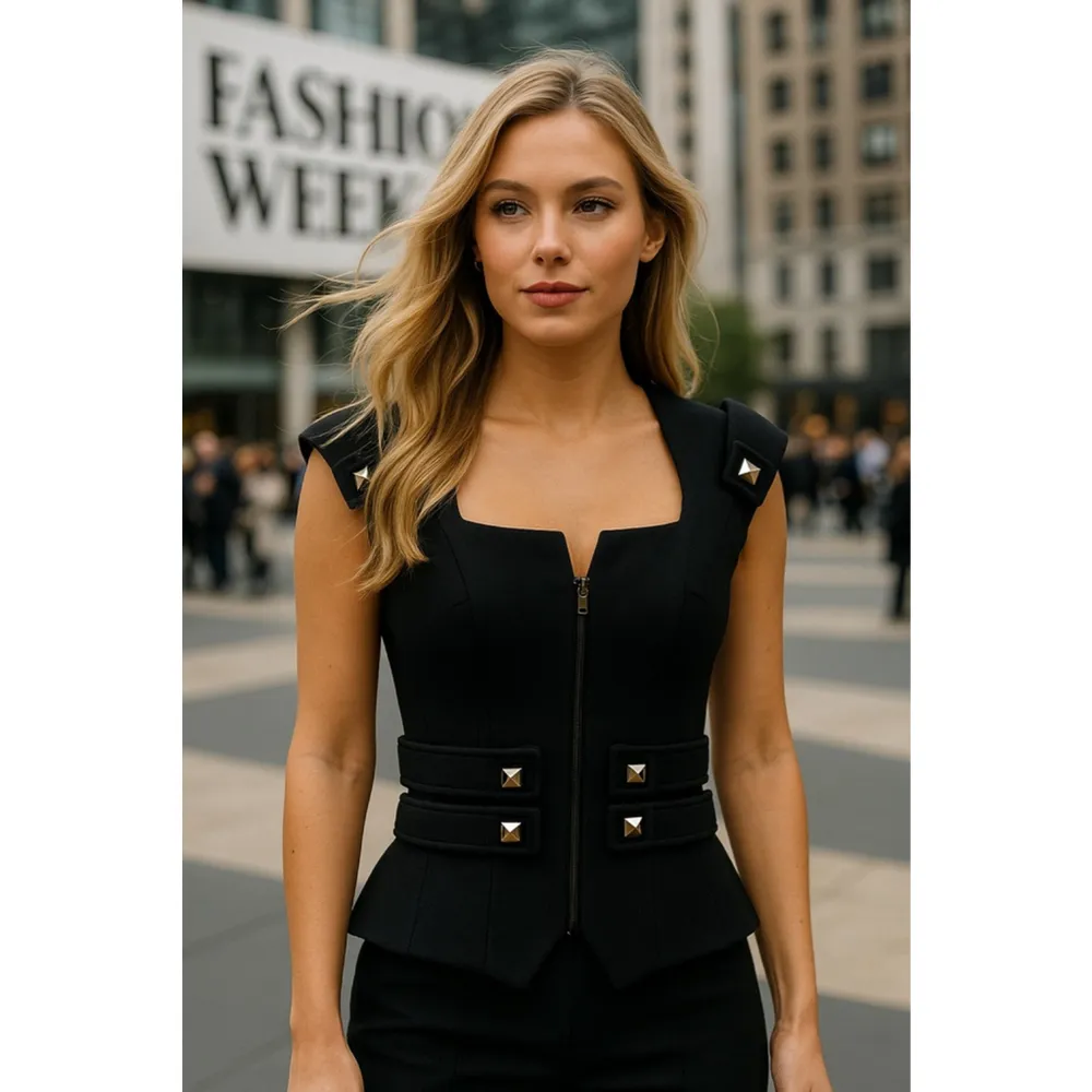 Anne Fontaine Wool Structured Vest Peplum Black Stud Accents Parisian NYC French Size 4 - Image 2