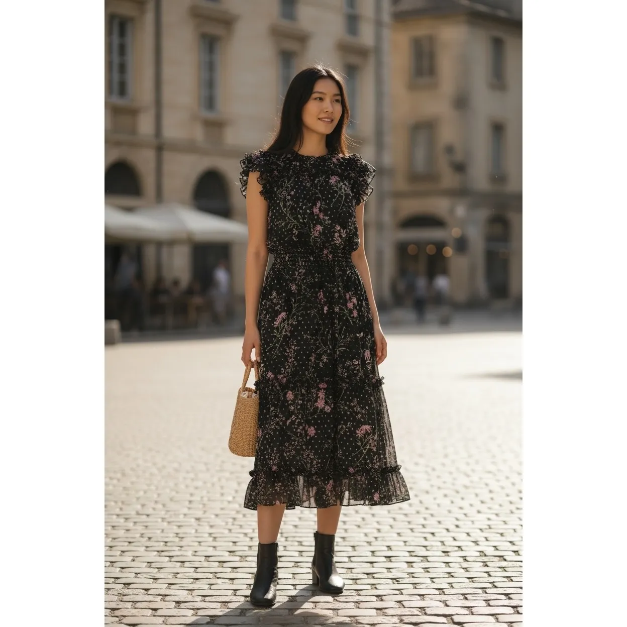 CeCe Black Floral Flutter Sleeve Smocked Waist Midi Dress Women's M - Image 2