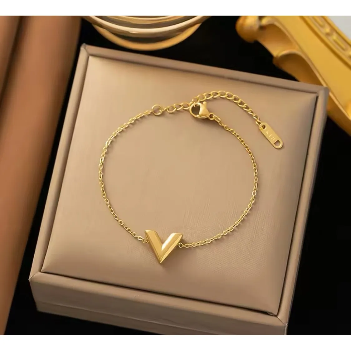Dainty Yellow Gold Filled‎ V-Shape Bracelet, 7-9” - Image 9
