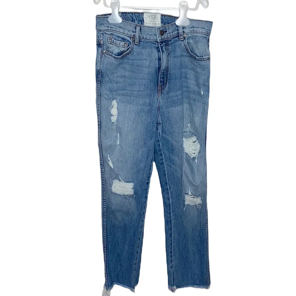 Revice uptown high rise rigid denim distressed jeans with fringed hem size 30 - Image 34