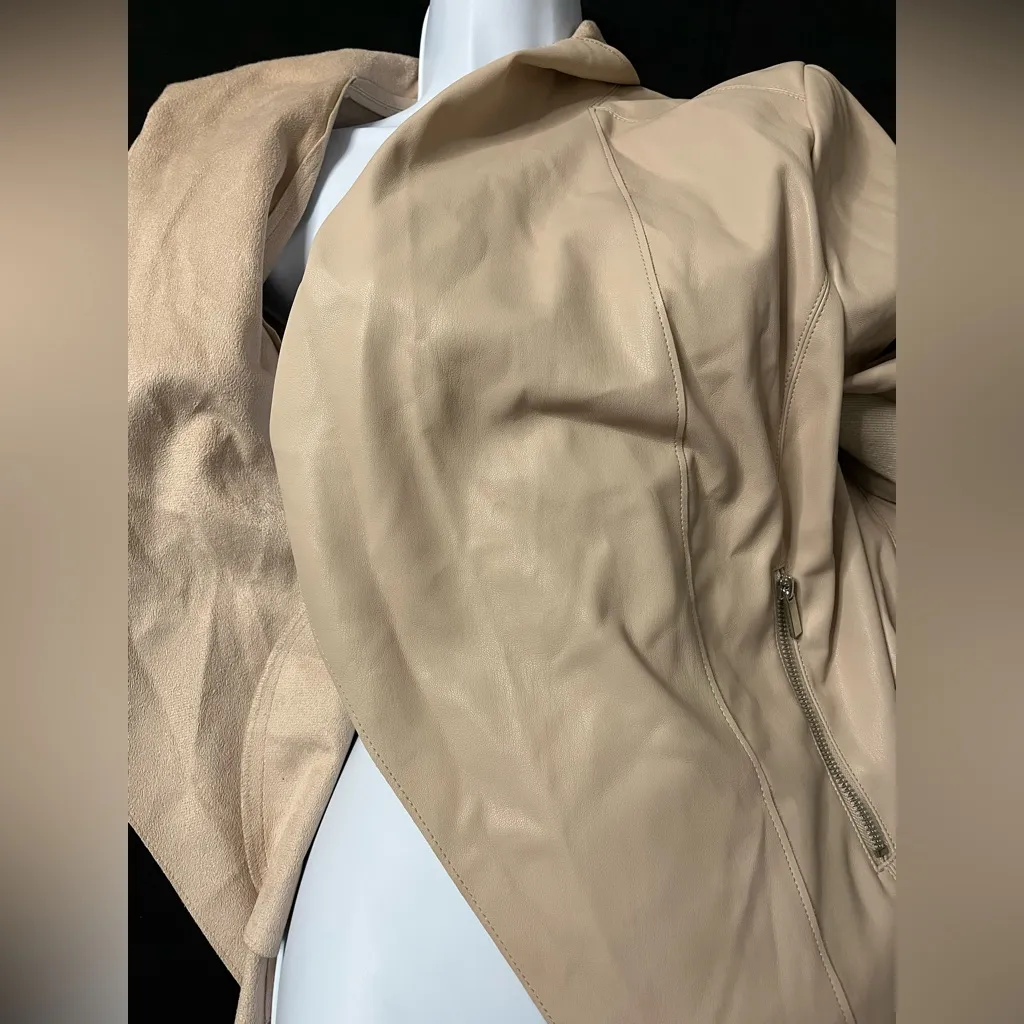 Bagatelle Women’s Faux Leather Beige Moto Jacket Suede Tan Open Front Size Large - Image 3