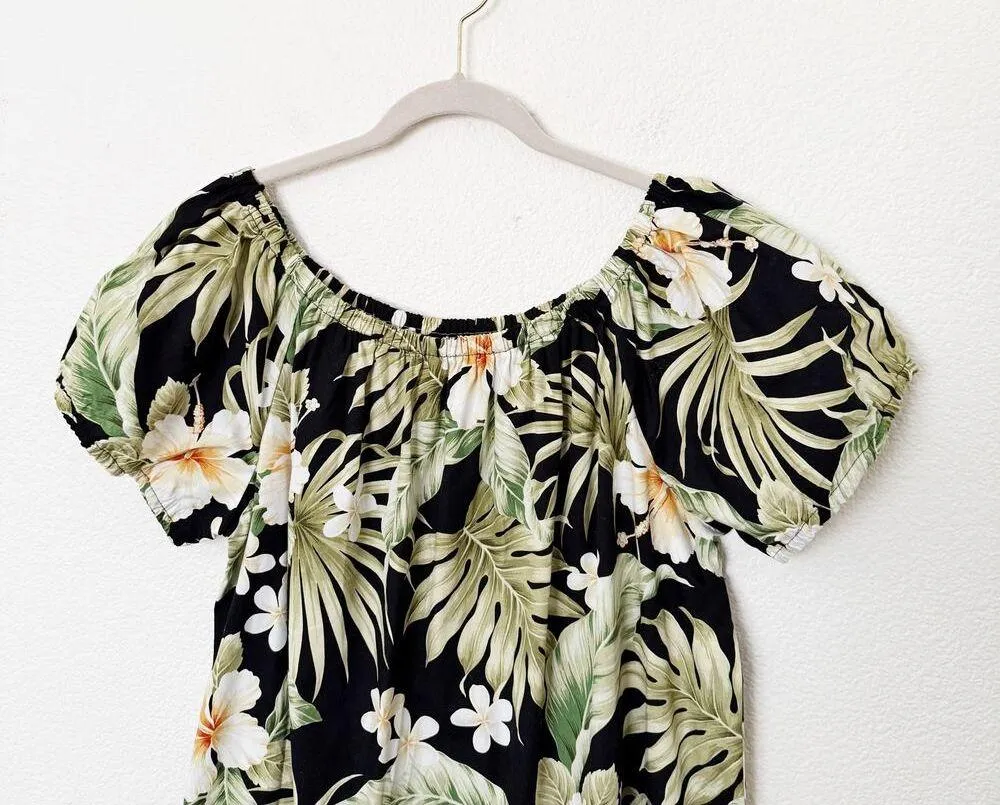 [Vintage] Black Green Hawaiian Tropical Print Puff Sleeve Scoop Neck Top Sz XL - Image 3