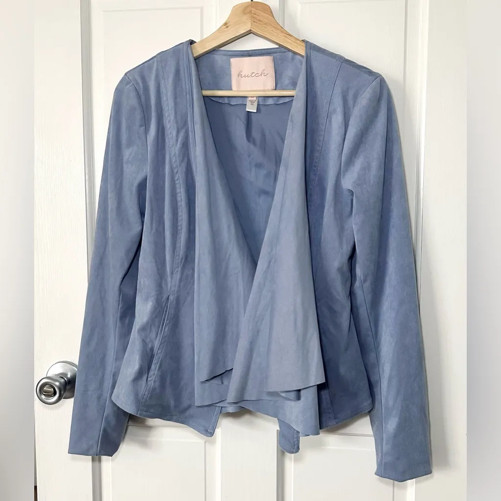 Hutch Anthropologie Draped Faux Suede Open Jacket Blazer Blue Gray Size S - Image 2