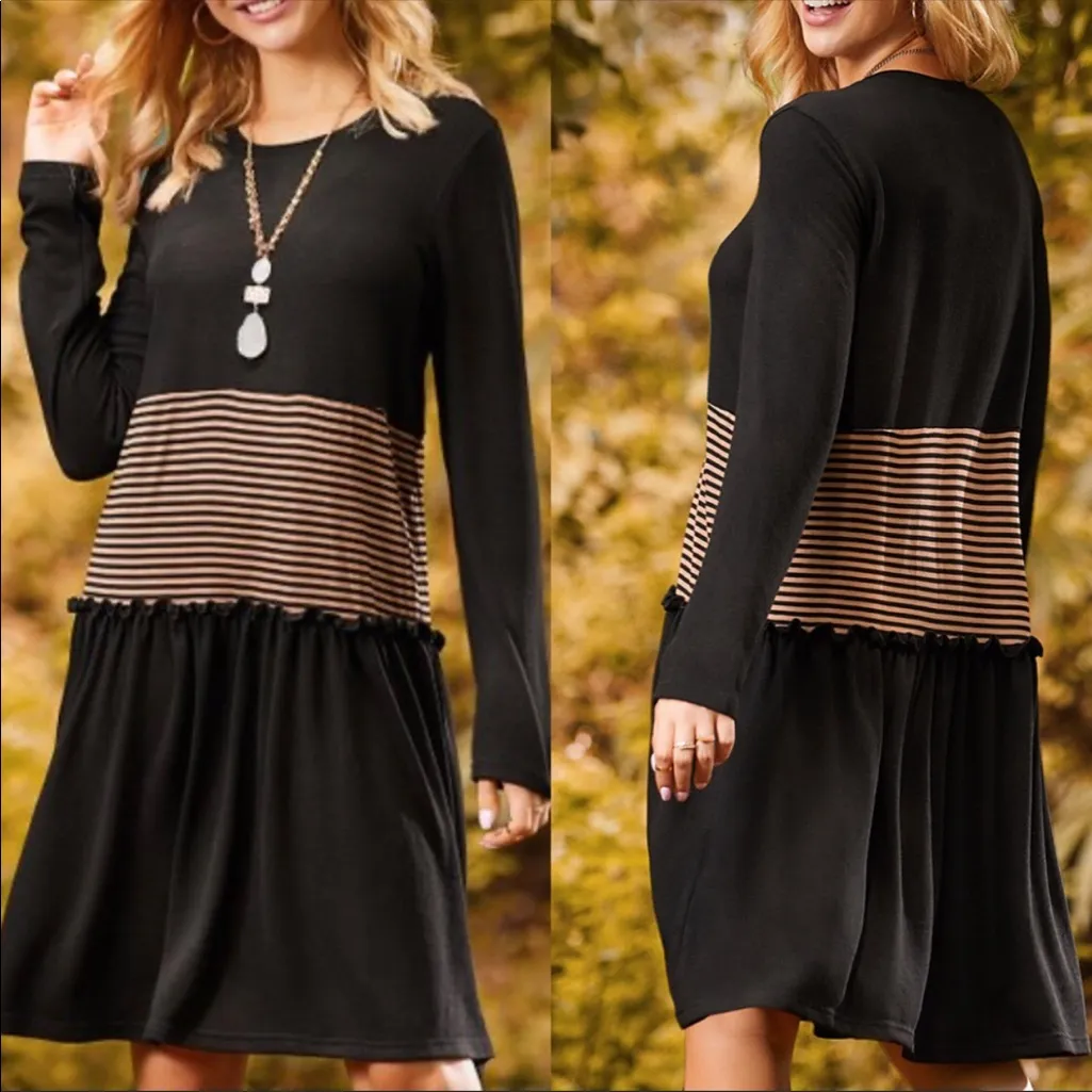 Suzanne Betro Black & Camel Tiered Dress Long Sleeve‎ Size Small - Image 2