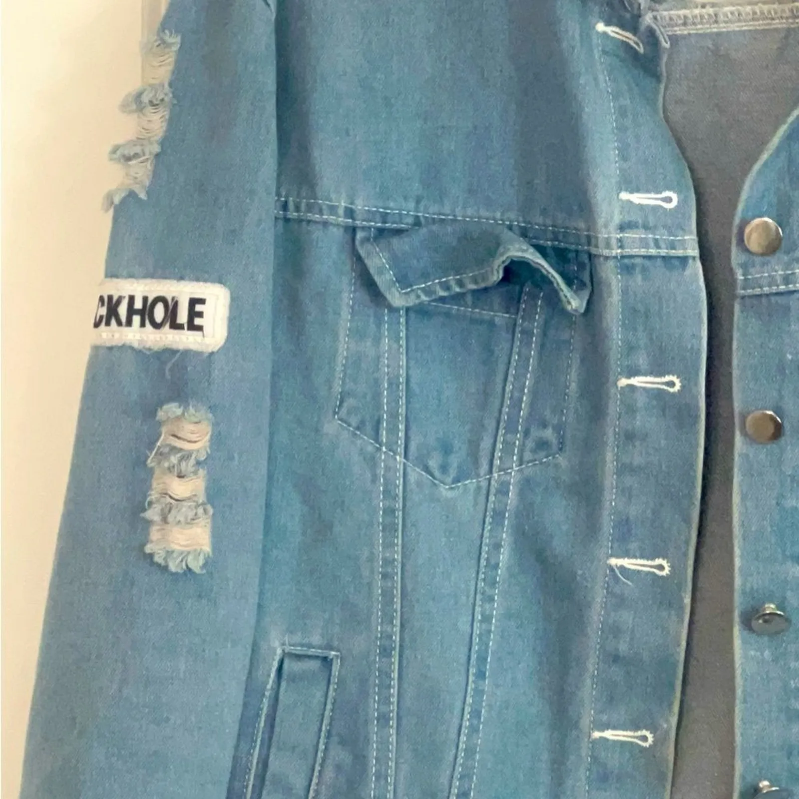 Aieryiyi Women's Small Distressed Denim Jacket Light Patch Moto Boho Streetwear Blue - Image 2