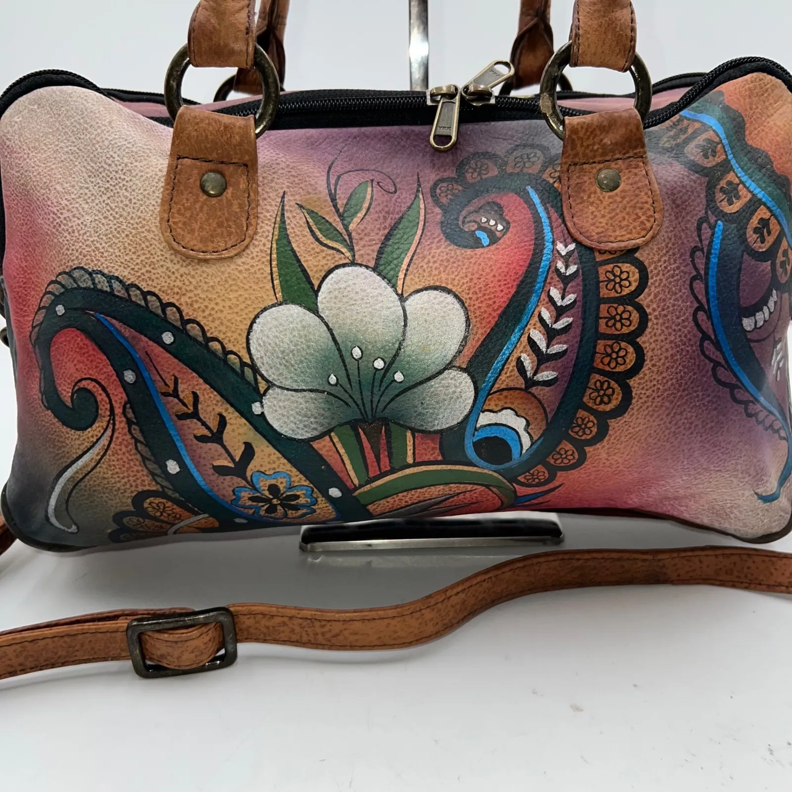 Anuschka Hand Painted Leather Satchel Crossbody Bag Floral Design Colorful - Image 2