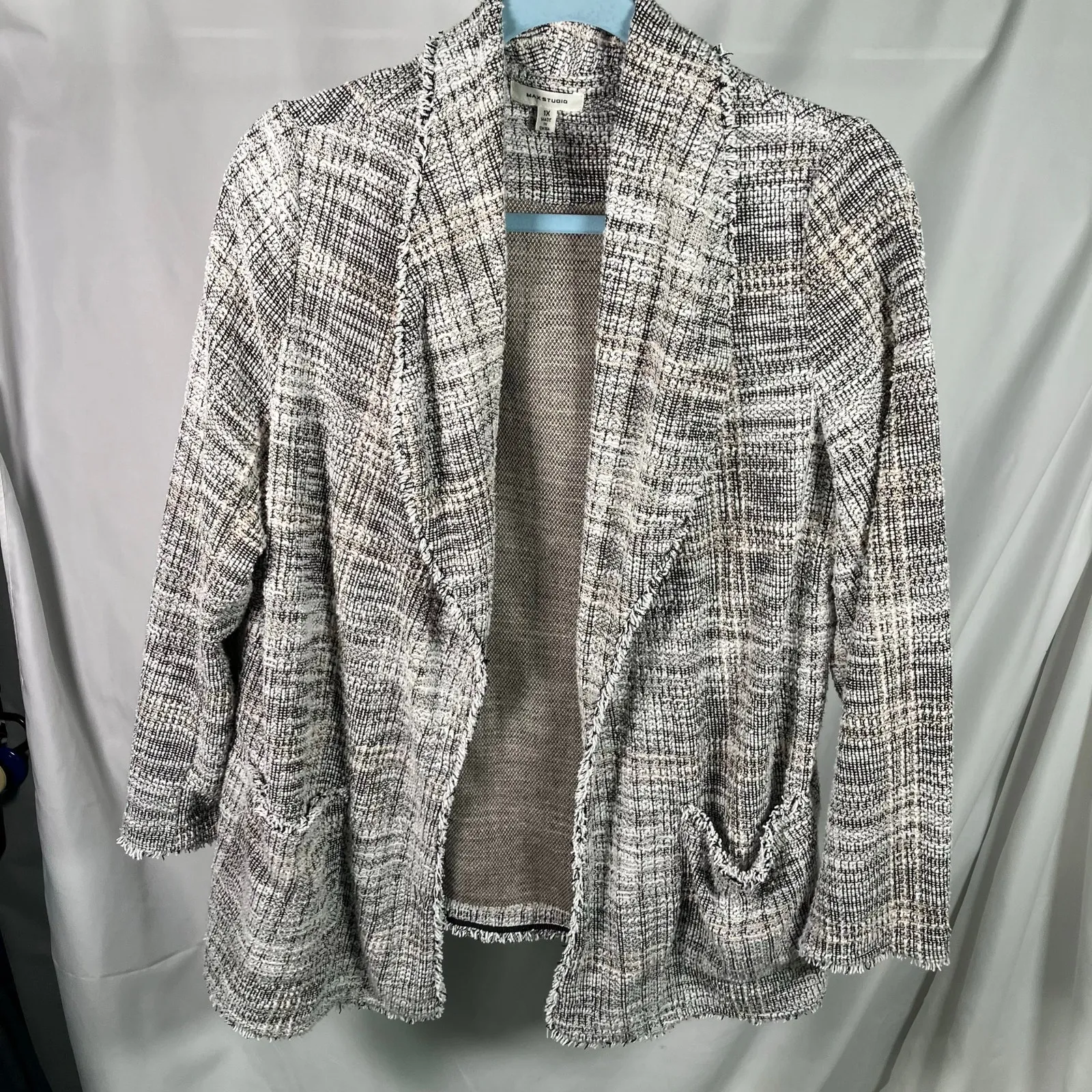 Max Studio  1X Open Front Bouclé Knit Blazer Jacket‎ Tweed Fringe Edge Plaid - Image 15