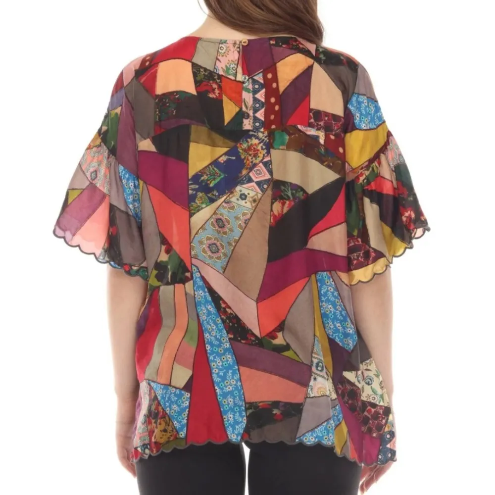Johnny Was silk Vintage patchwork Eloise Top Sz M - Image 3