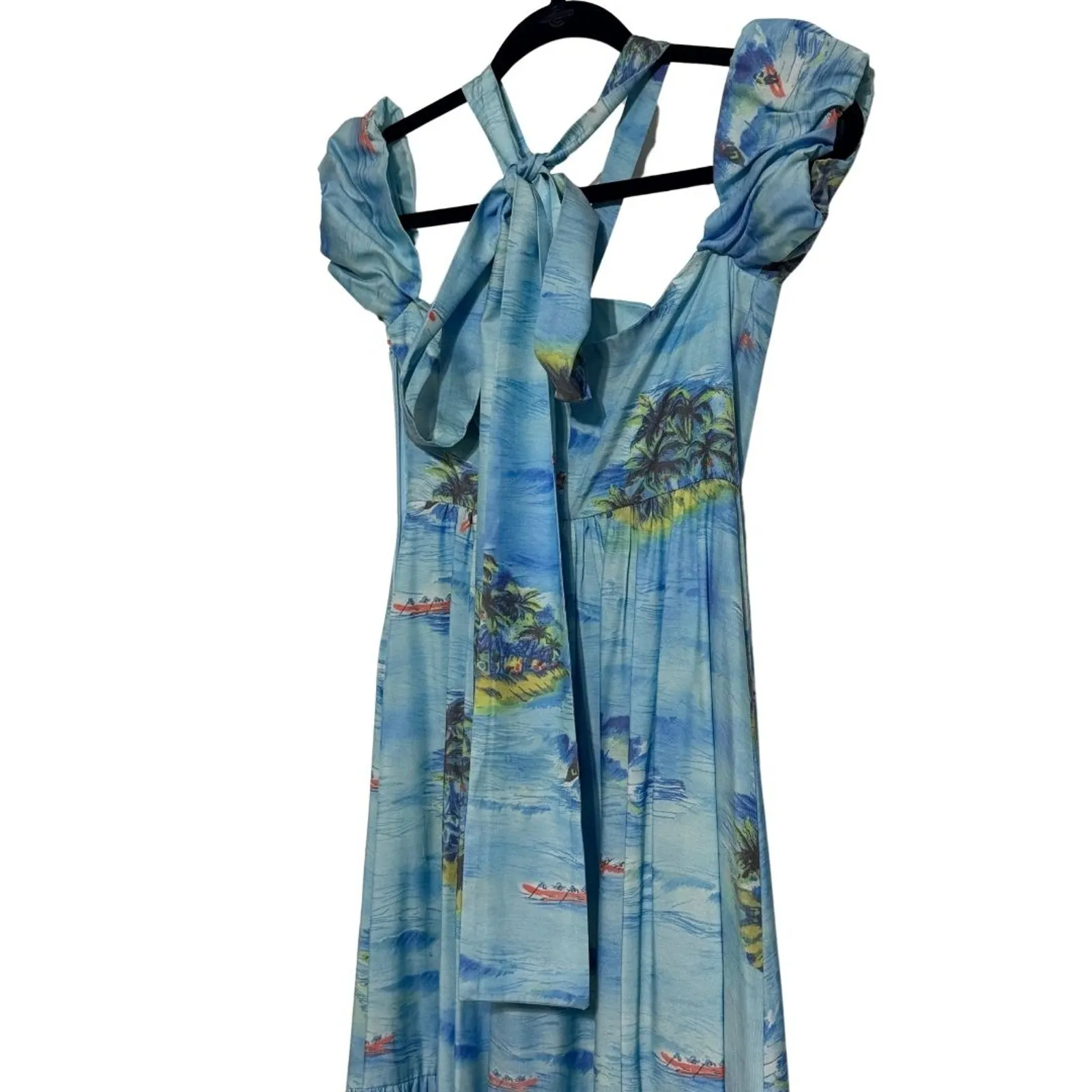 STAUD Viviana Blue Island Print Maxi Dress Off the Shoulder Halter Tie EUC Sz 2 - Image 8