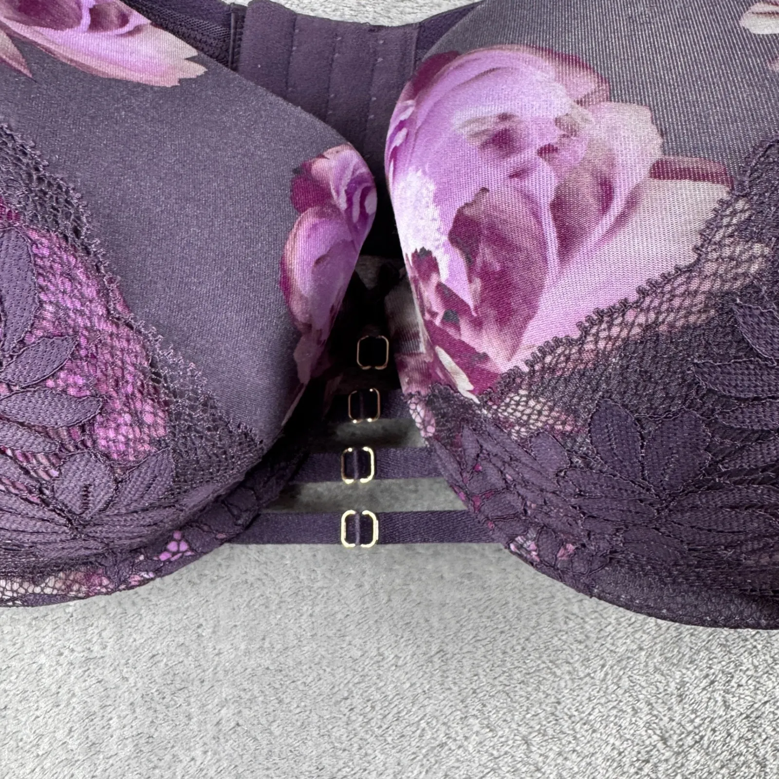 Cacique Boost Balconette Bra 42DDD Purple Floral Lace Underwire Adjustable - Image 4
