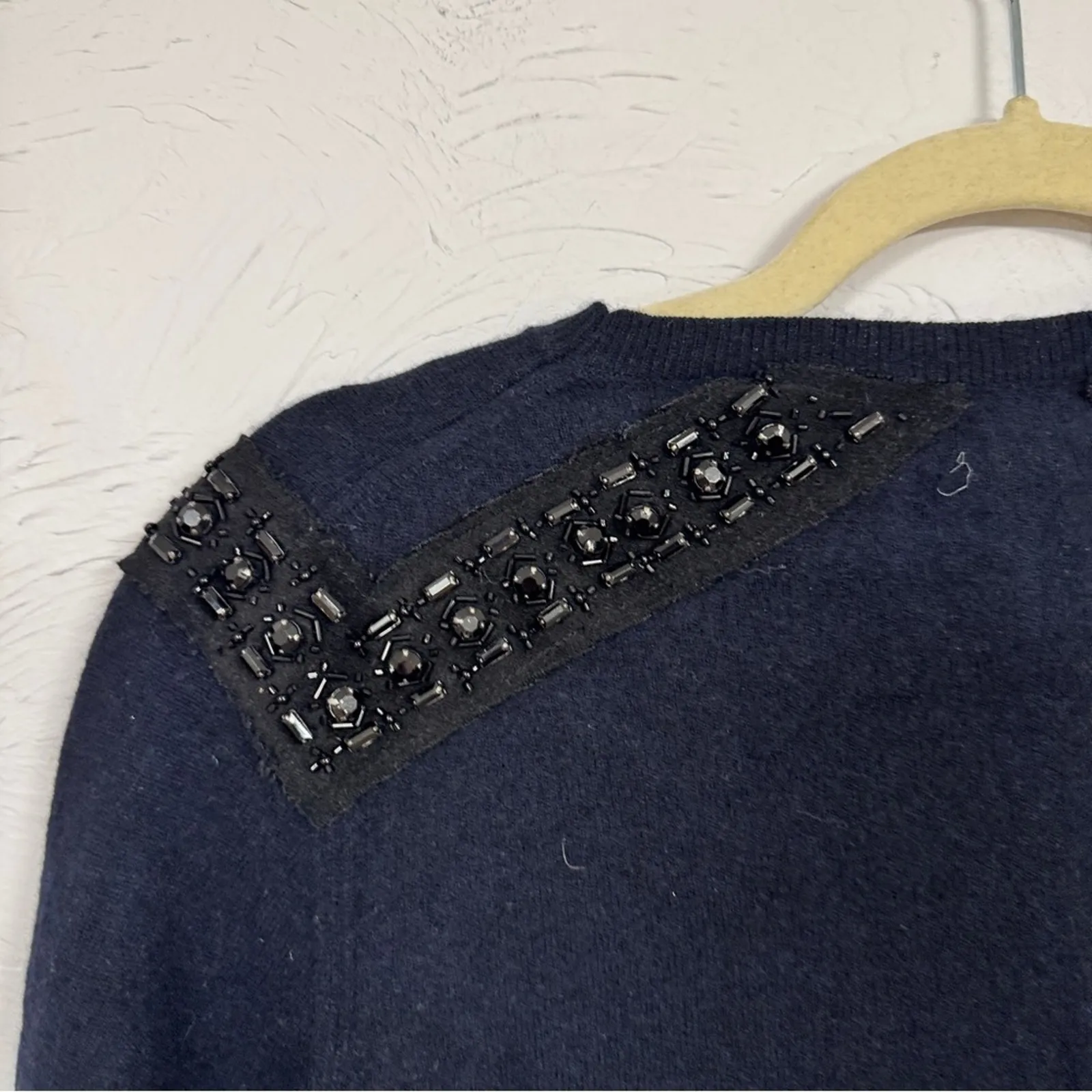J Crew Navy Blue Beaded Shoulder Cashmere Blend Sweater Womens L Preppy Coquette - Image 10