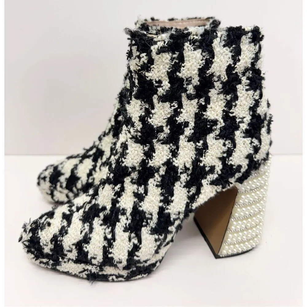 Betsey Johnson Houndstooth Boots Size 5‎ Black White Embellished Block Heel NEW - Image 3