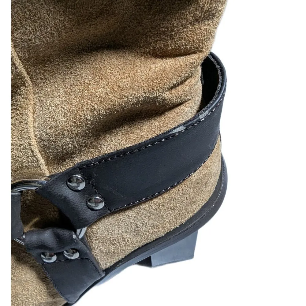 Vtg Y2K Newport News Tan Suede Knee High Square Toe Block Heel Harness Boots 7 - Image 4