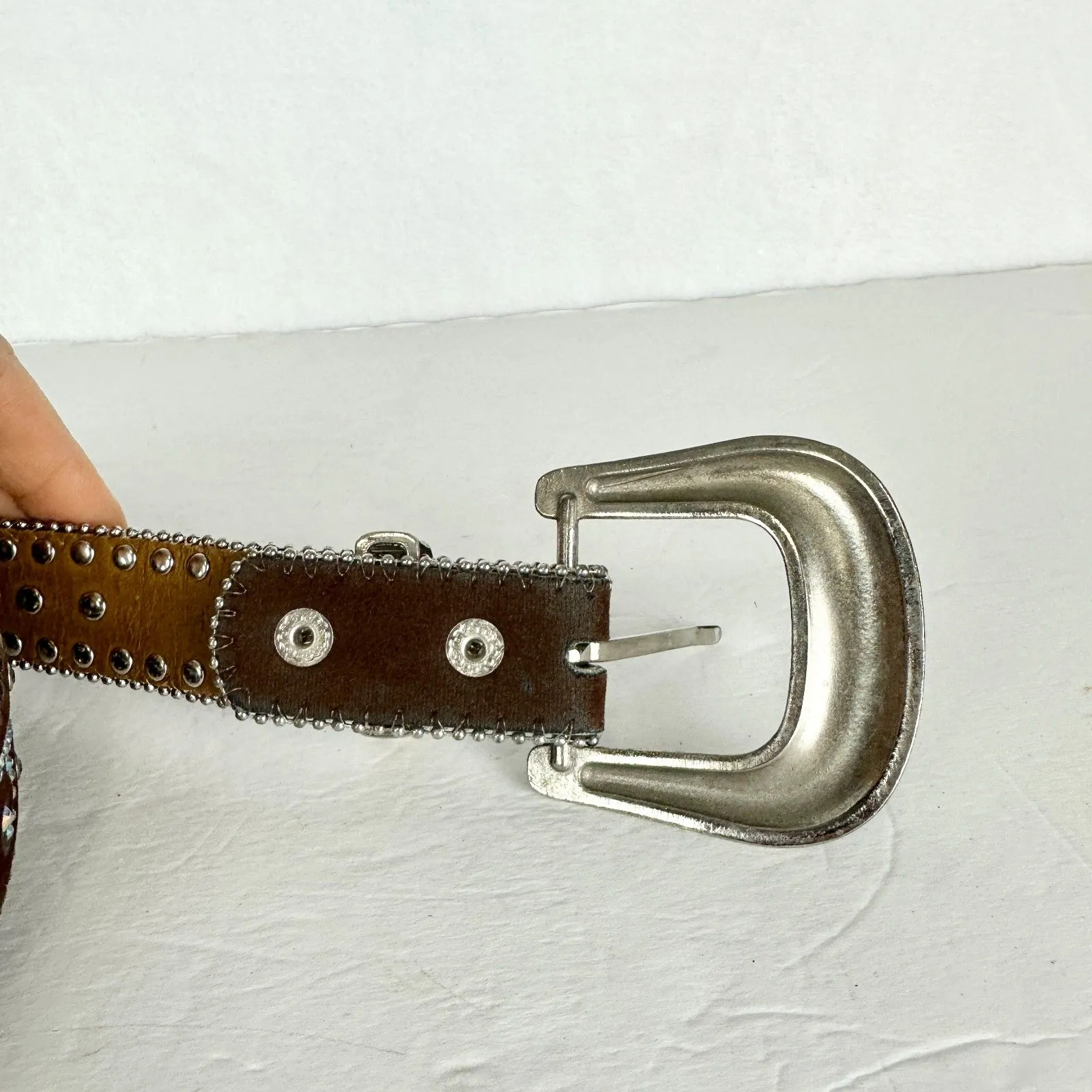 Nocona Belt Co Womens Leather Western Rhinestone Belt Size 28 Bling Studded 1.25 - Image 5