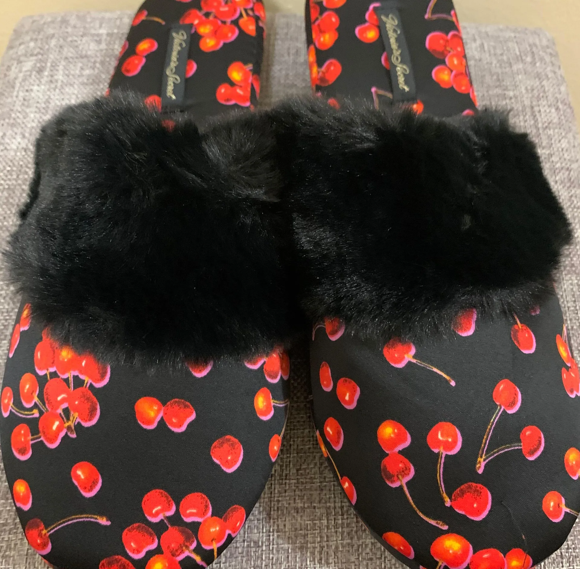 Black Red Cherry Satin Slippers Medium - Image 8