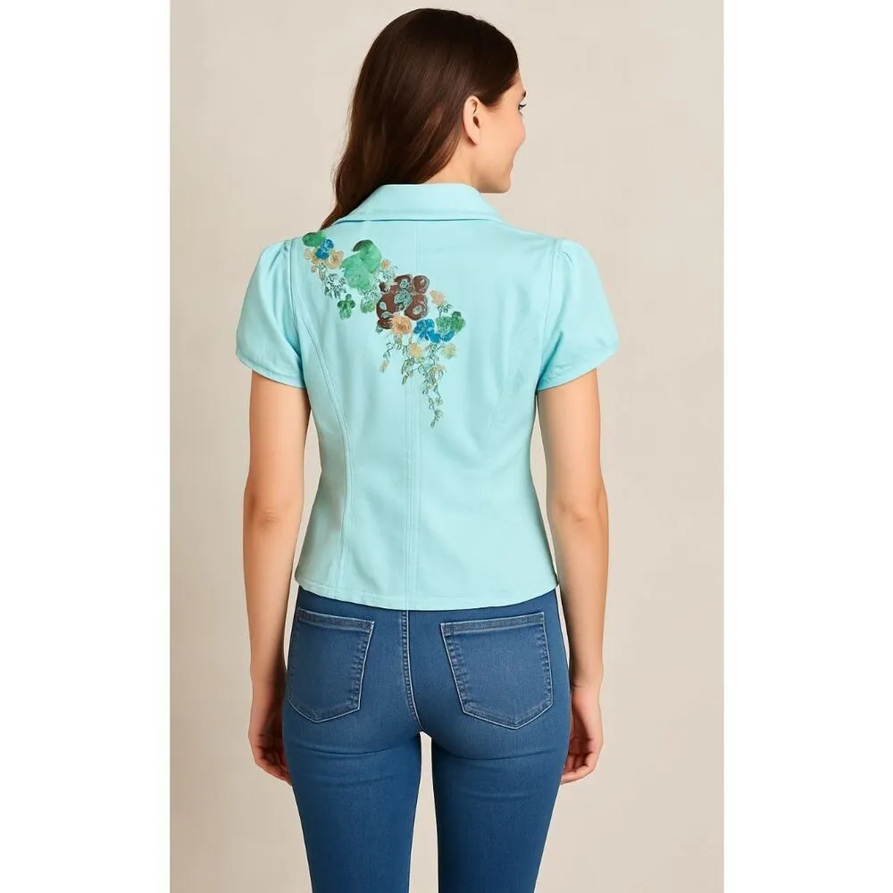 Live A Little Aqua Blue Embroidered Rhinestone Lightweight Jacket Size Medium - Image 15