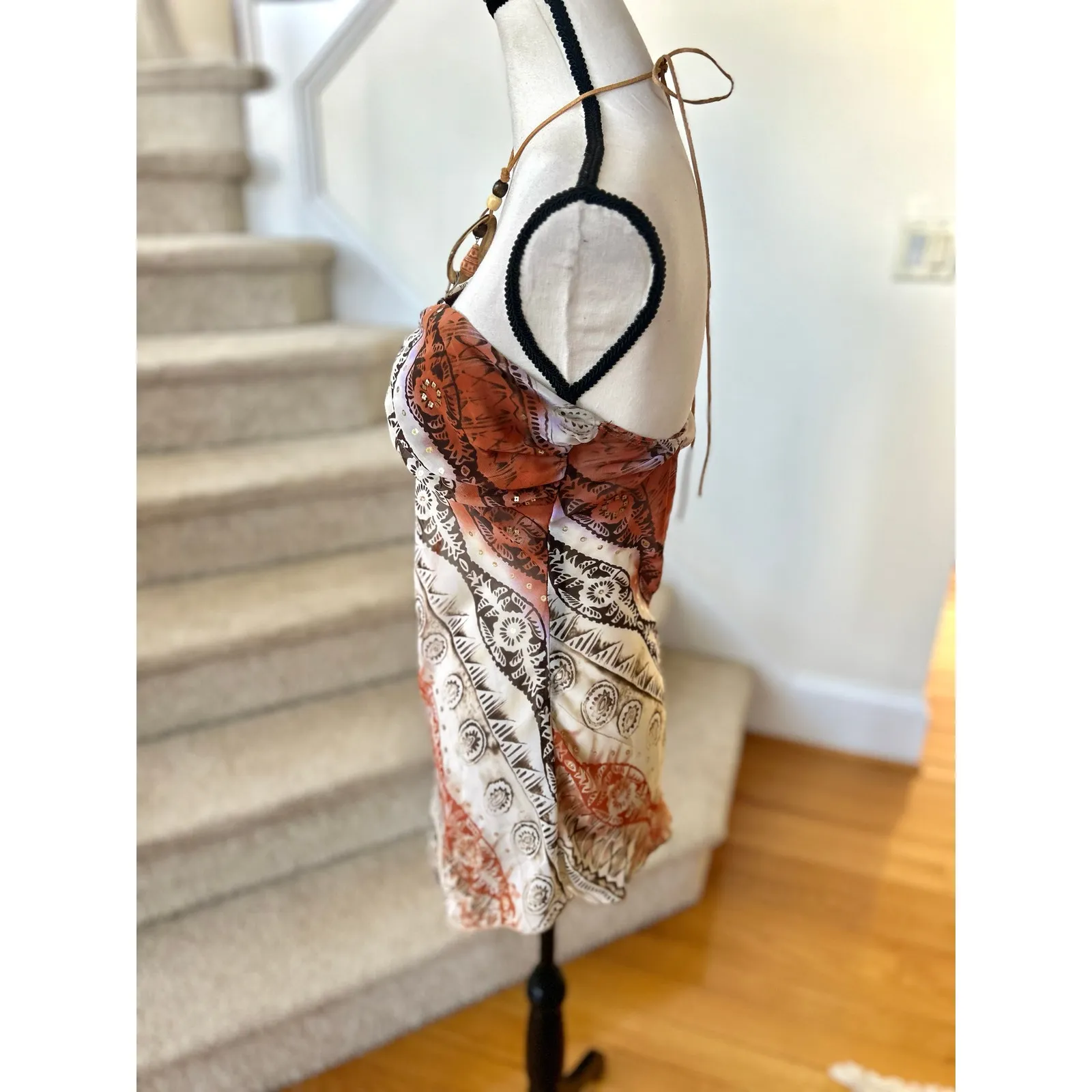 Vintage Y2K Brown White Boho Paisley Baby Doll Halter Tie Top - Image 2