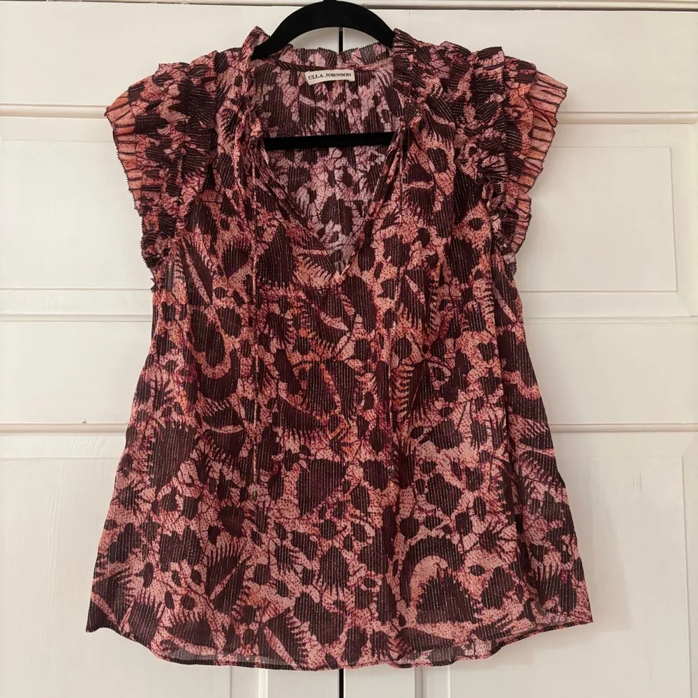 Ulla Johnson Dira Top Bordeaux Metallic Ruffle Size 6 Flutter‎ Sleeve Tassel Tie - Image 6