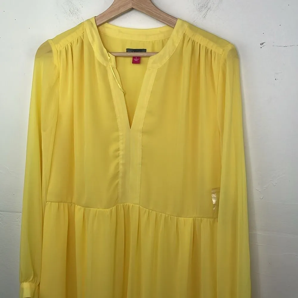 Vince Camuto Yellow Chiffon Dress Baby Doll Split neck tiered long sleeve Small - Image 2