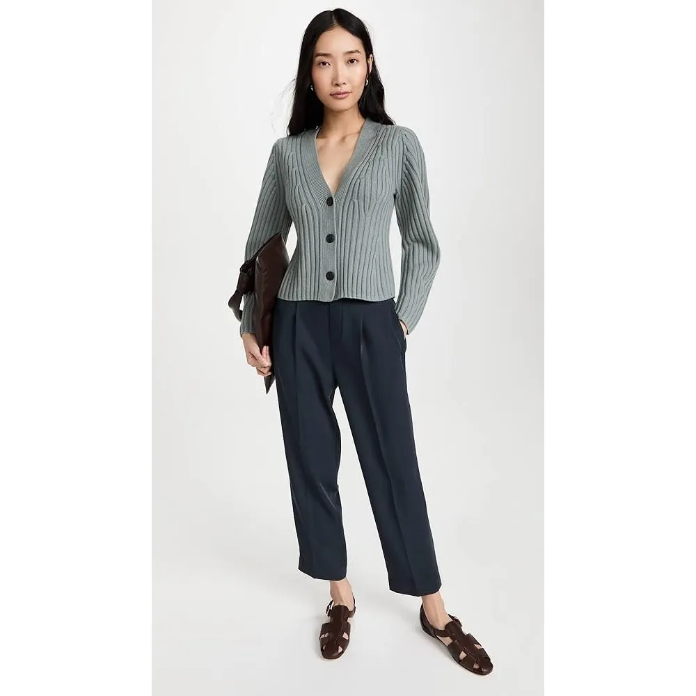 Vince Ribbed Knit Cardigan Sweater Poet Sleeve V Neck Button Merino Wool Gray S - Image 3