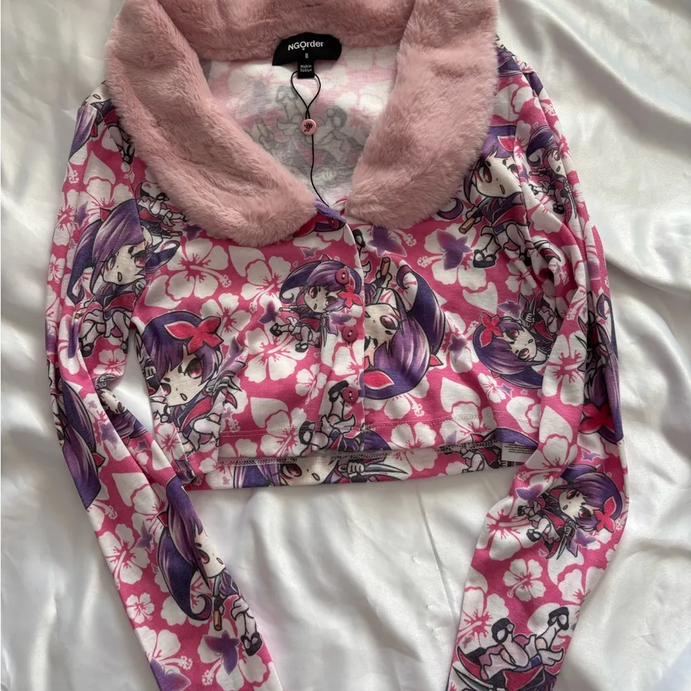 FAUX FUR TRIM RIB ANIME CARDI SIZE SMALL  GRANOLA GIRL COQUETTE - Image 3