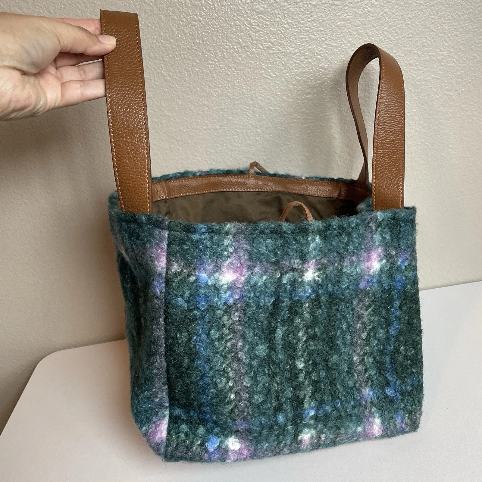 Sundance Maple Glen Teddy Plaid Tote Bag Felted Textured Pebbled Leather Green - Image 6