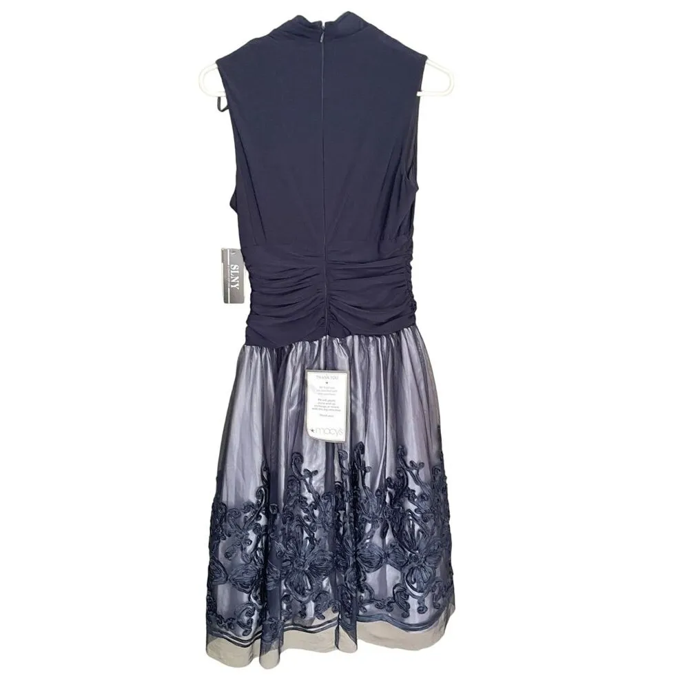 SLNY Missy Blue Fit & Flare Cocktail Party Dress Sleeveless Navy Size 6 Stretch - Image 6