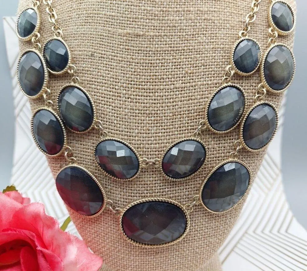 NWOT Gold Tone Smokey Gray Statement Collar Double Bib Pendant Necklace 20 Inch - Image 3