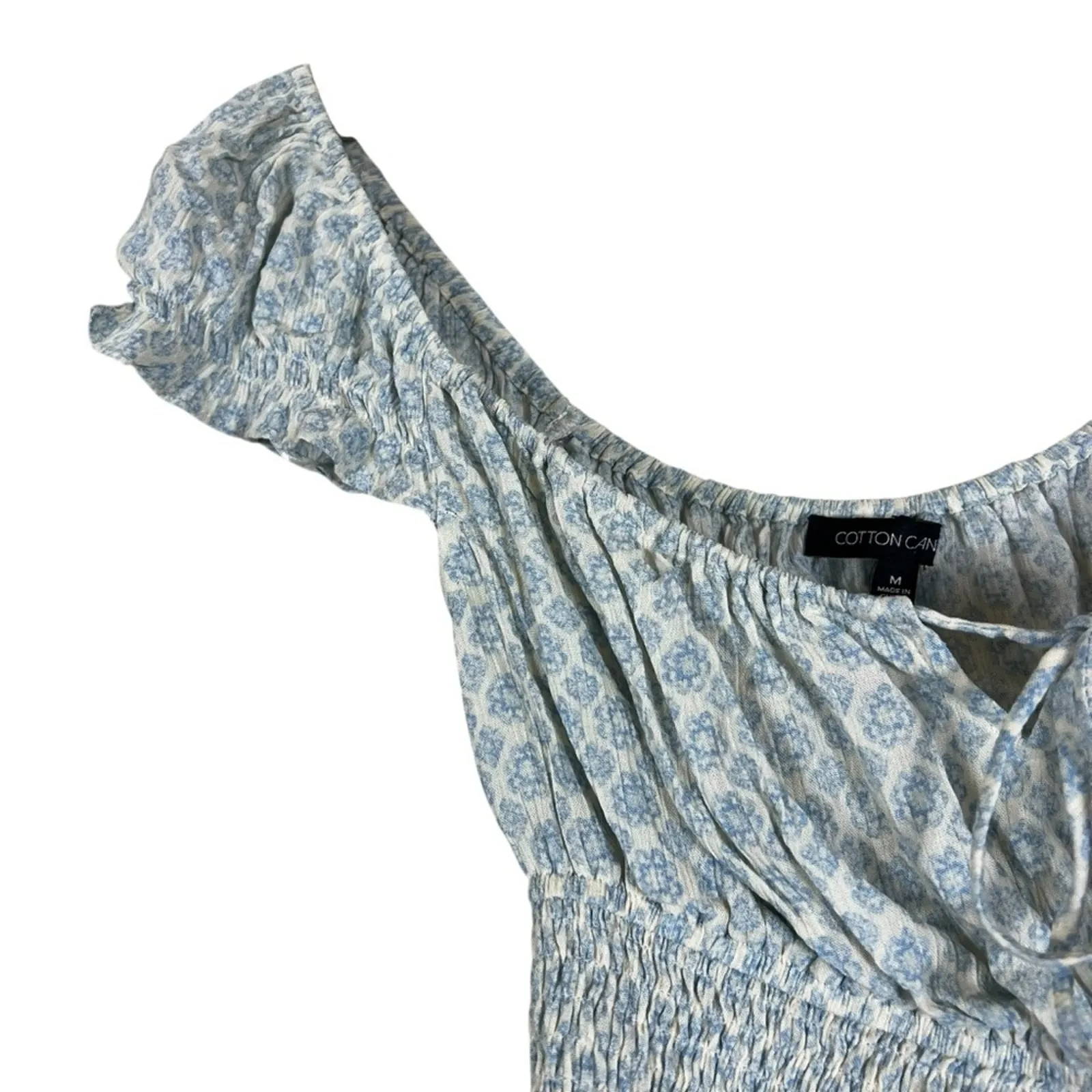 NWT Cotton Candy LA Crop Top Womens M Blue Smocked Ruffle Off Shoulder Milkmaid White Size M - Image 2