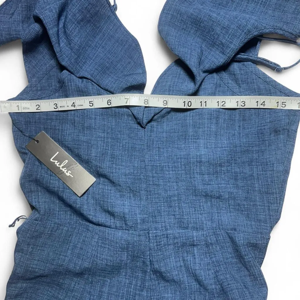 Lulu's Blue Chambray Ruffle Off Shoulder Jumpsuit Small - Image 3