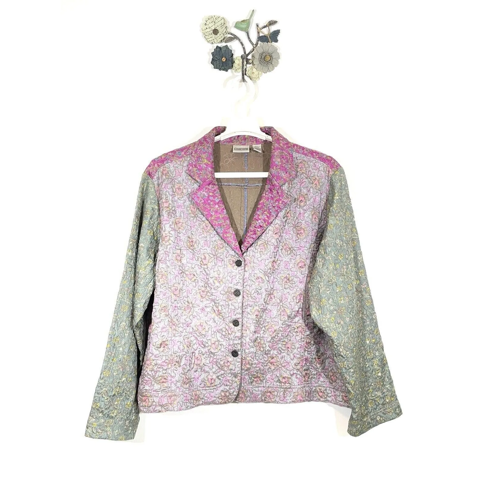 Chico's Size 3 US 16 Silk Multicolor Floral Patchwork Textured Blazer Jacket - Image 3