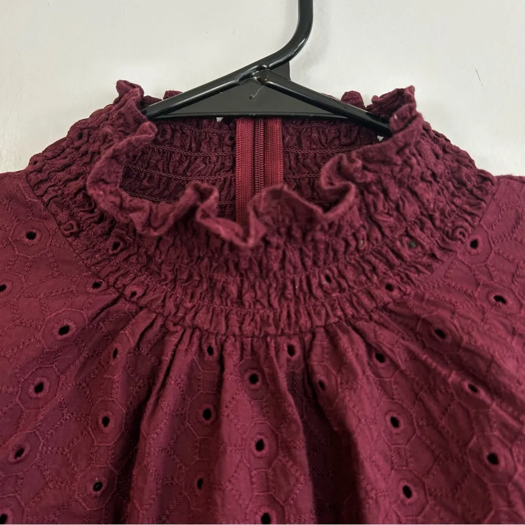 Veronica Beard Gaia Smocked Cotton Eyelet High Neck Merlot Burgundy Top Size 6 - Image 7