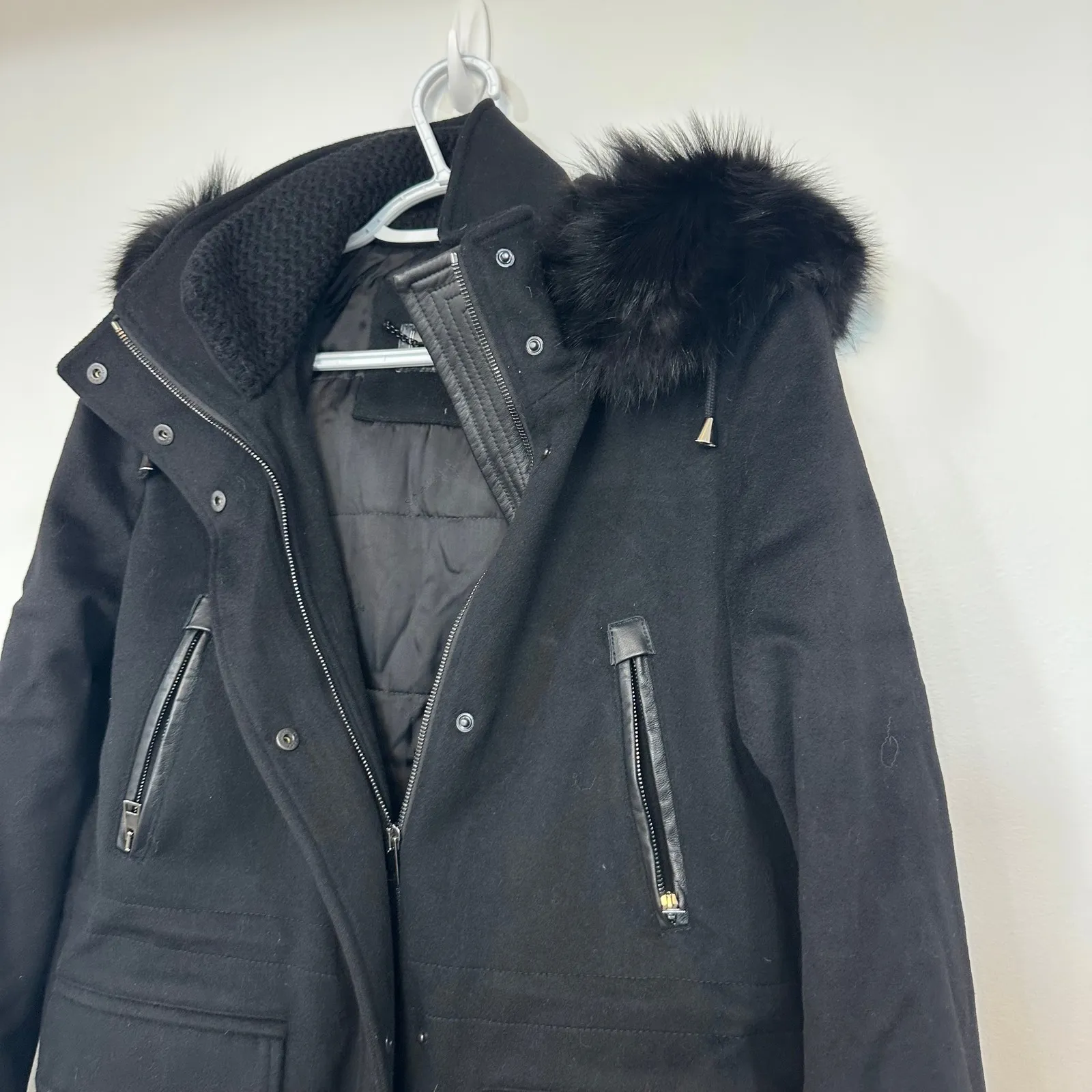 Heresis Womens Jacket 44 100% Wool Hood Faux Fur Outerwear Zip Button Italy Black Size 8 - Image 5