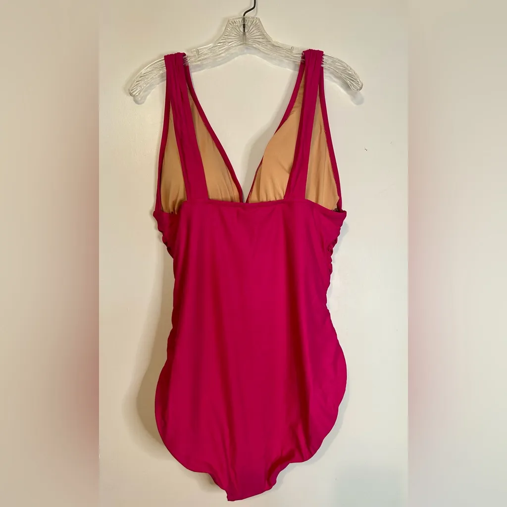 J Crew SwimSuit‎ Women’s Size 16 Pink Fuchsia Ruched One-Piece V Neck Beach NWT - Image 2