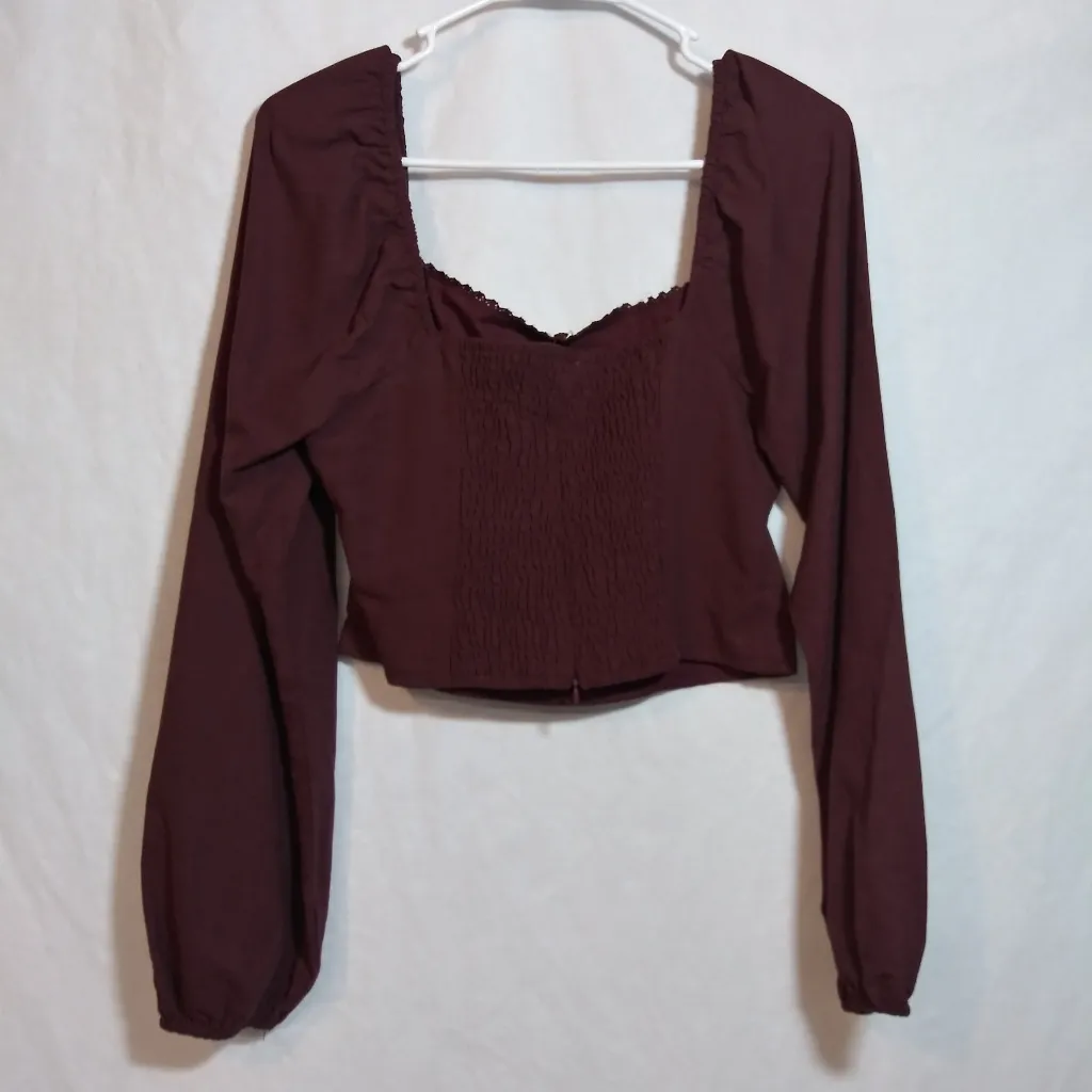 Le Lis  Maroon Square Neck Long Sleeve Crop Women's Top Smocked Back Size M - Image 6