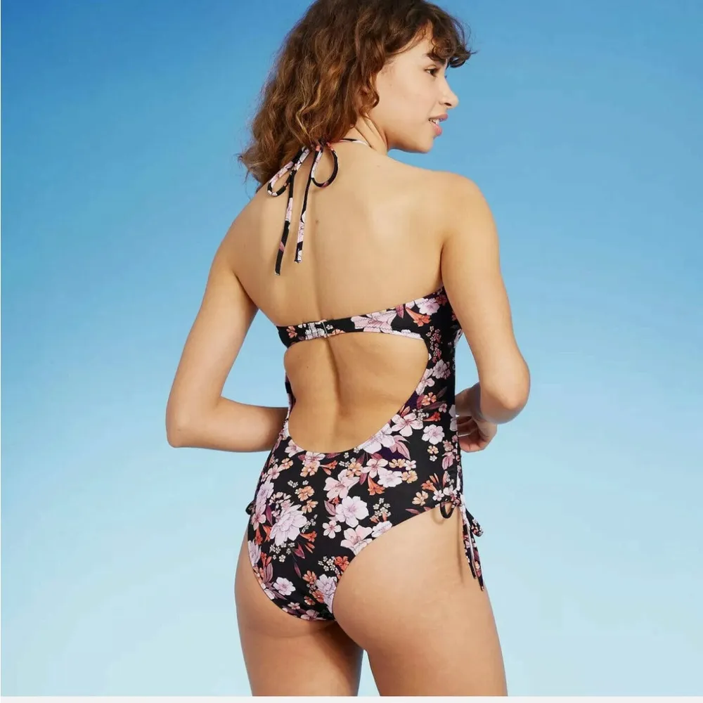 Shade & Shore Floral One Piece Swimsuit Halter Keyhole Bandeau‎ Side-Cinch M - Image 7