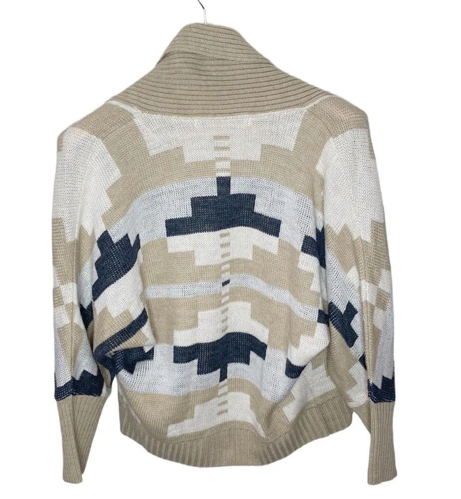 Woolrich geometric aztec print shawl collar open cardigan in neutral hues sz XS - Image 2