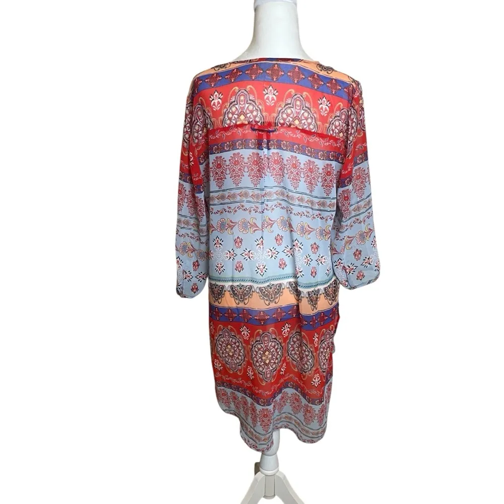 Fig & Flower Red Blue Sheer Popover Tunic Overlay Large Bohemian Lightweight - Image 4