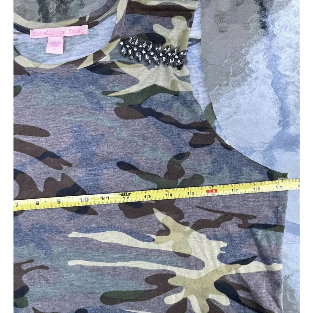REBELLIOUS ONE Womens Olive Camo Sleeveless Tank Top Gem Accents Size Large - Image 5