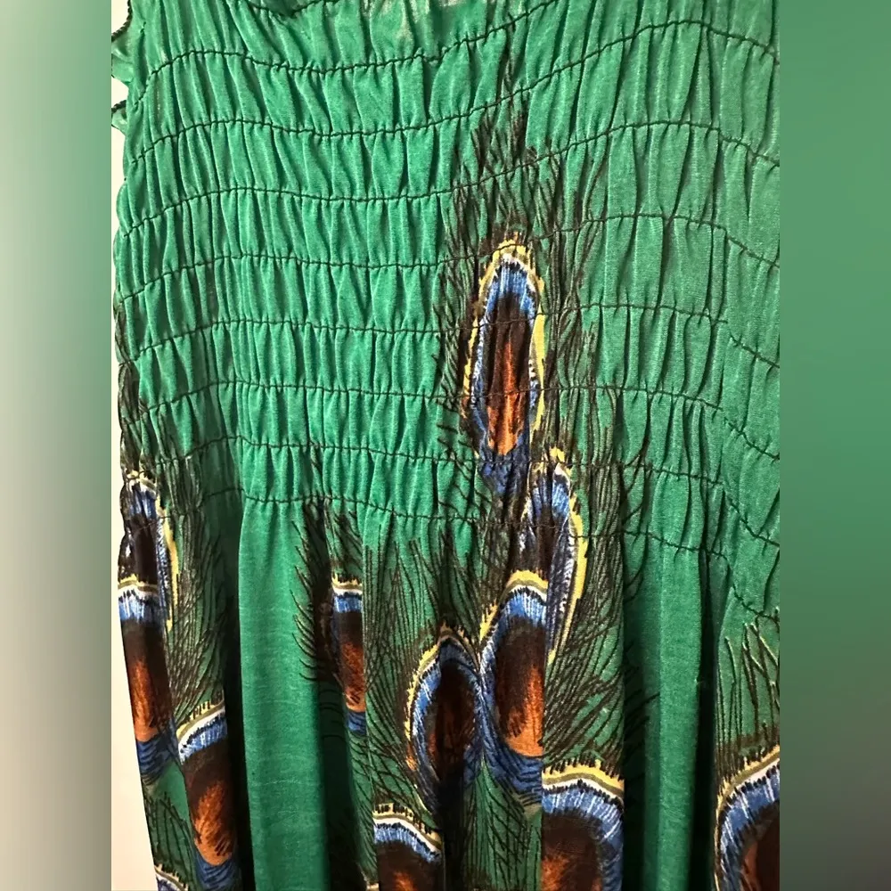 Green Peacock Print Tank Dress Beach Coverup Size XL - Image 3