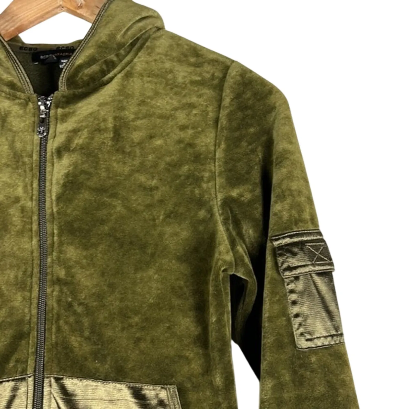 BCBGMaxAzria Womens Y2K Velvet Jacket Size S Olive Green Hooded Retro - Image 4
