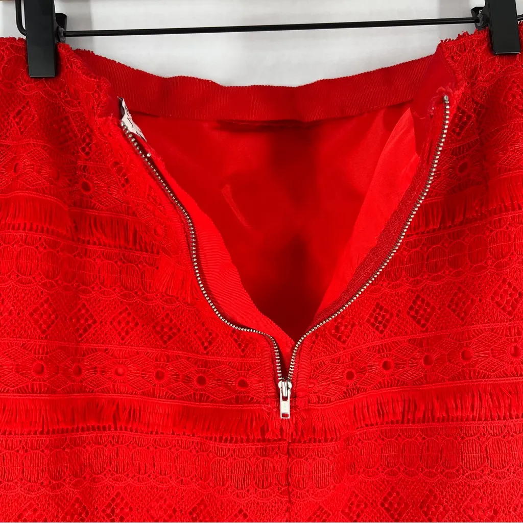 J. Crew‎ Factory Red Fringe Lace Mini Skirt Exposed Zipper Size 12 - Image 9