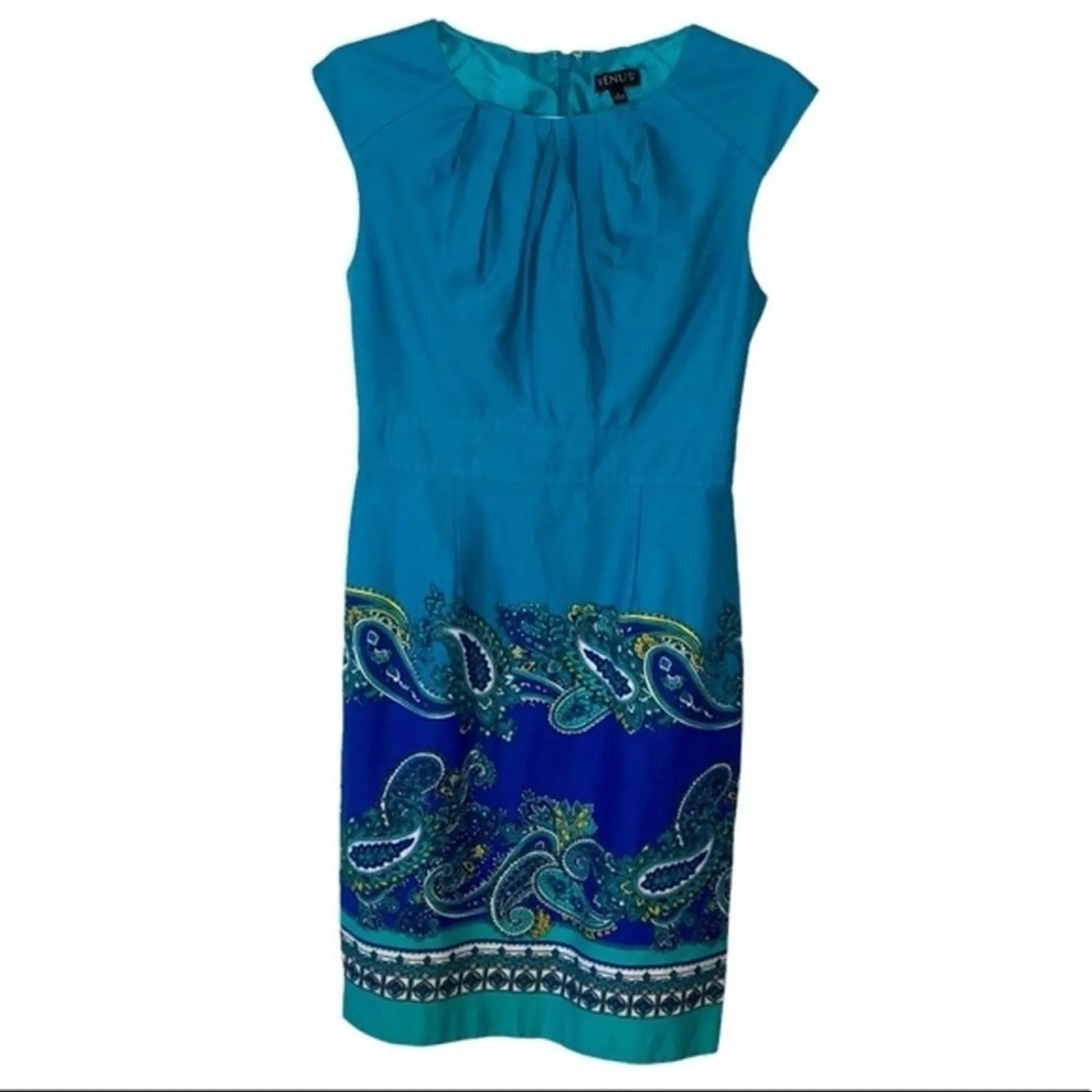 Venus Scallop Neck Sheath Midi Dress Teal Paisley Cap Sleeve Size 4 Professional - Image 2