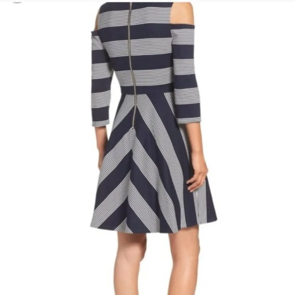 Striped Cold Shoulder Fit & Flare Dress NWOT Size 6 - Image 2
