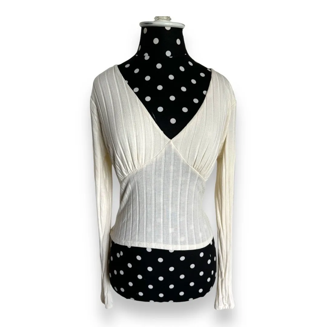 RSQ Womens Top Sz L Cream Open Tie Back‎ Cropped Top Crop Ribbed Long Sleeve - Image 5