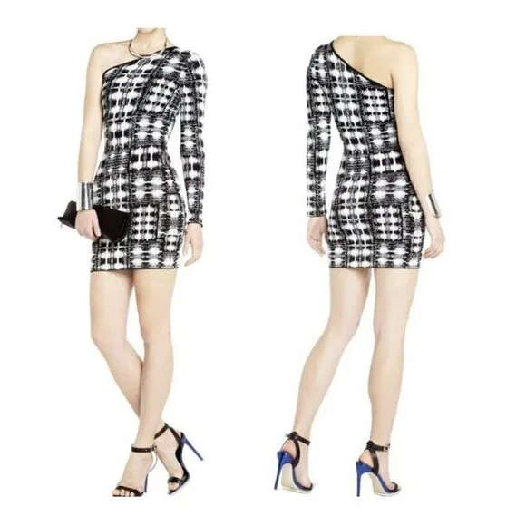 BCBG DRESS JERSEY S JORDAN BLACK WHITE ONE SHOULDER BODYCON FITTED - Image 2